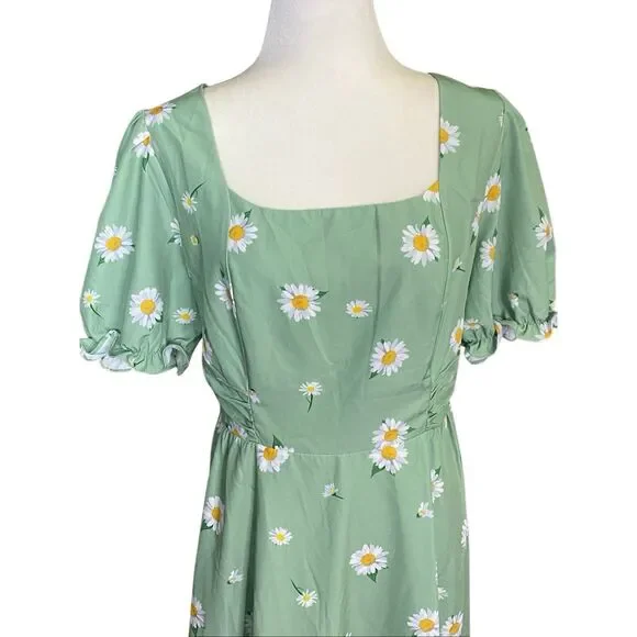 Belle Poque A Line Fit & Flare Green Daisy Midi Dress Womens XL Pockets Smocked - Picture 5 of 9
